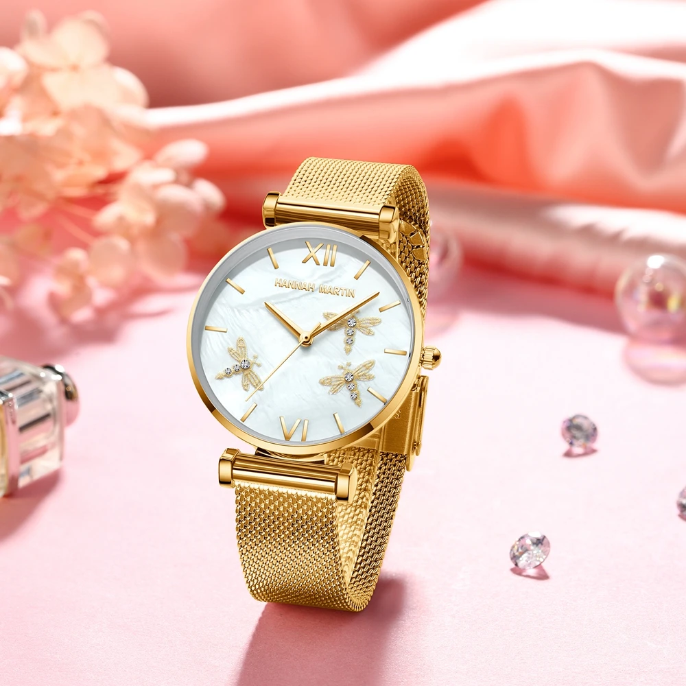 2021 New Dragonfly Design White Oyster Scallop Dial  Japan Quartz Ladies Watch Akoya Pearl Shell Stainless Steel Women Watches