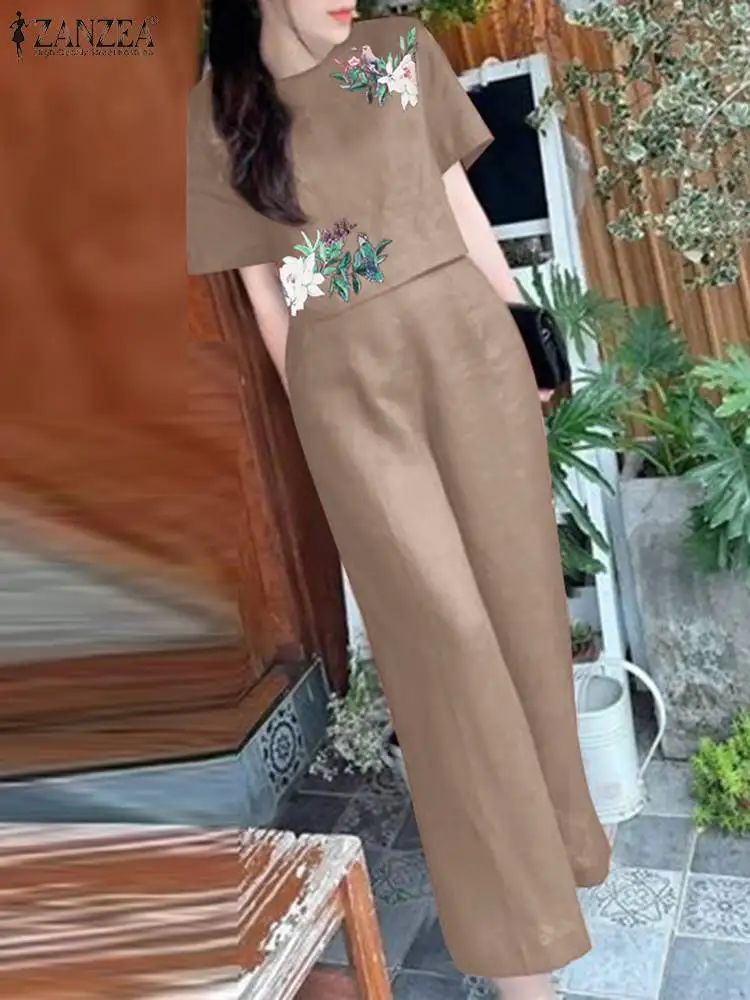 

Женский летний модный костюм ZANZEA с коротким рукавом, блузка с принтом и брюки, повседневный праздничный спортивный костюм, комплект из двух предметов, 2024