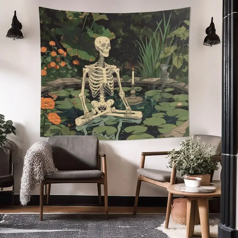 Skeleton Meditating in Zen Garden Indoor Wall Tapestry  Cottagecore Aesthetic Bedroom, Living, and Dorm Room Decor
