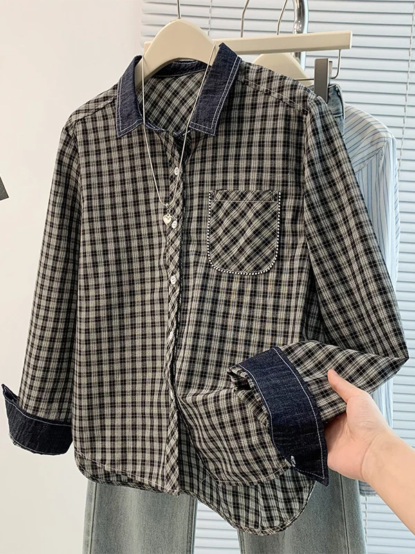 

Retro Large Size Women's irt Korean Japanese Sle Loose Long Sve Plaid Collar Artistic Patchwork Office Commute Faion