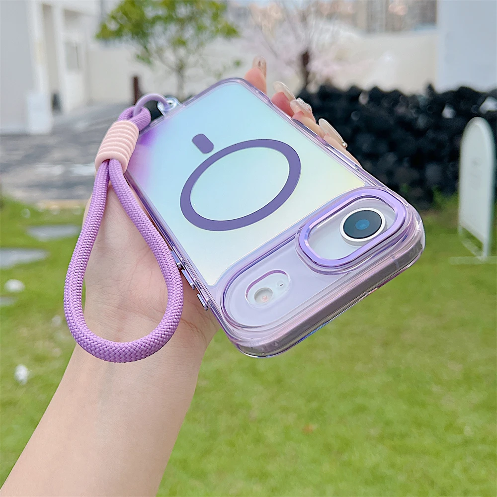 Dazzling Laser Gradient Magnetic Lanyard Case for iPhone 17 Air 16 E 15 14 Plus 13 12 11 Pro Max for Magsafe Shockproof Cover