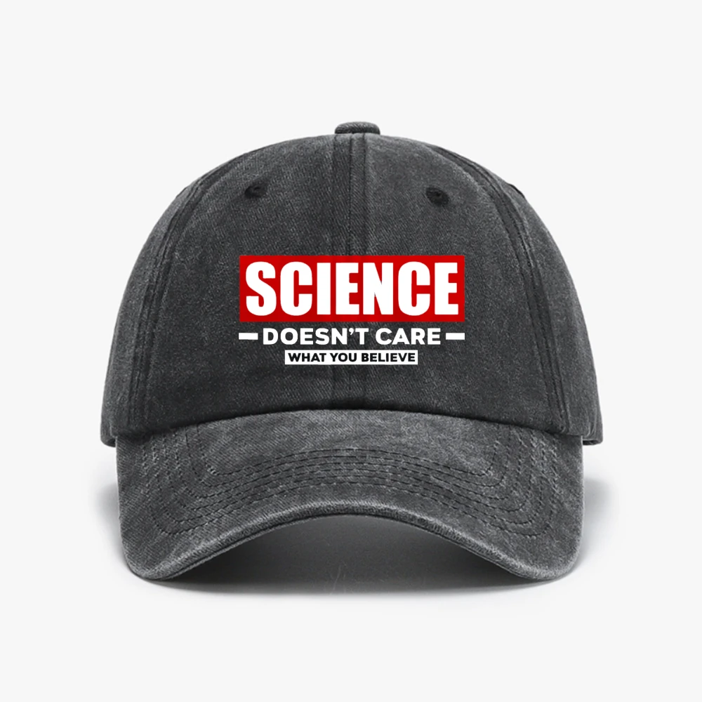 

Best Selling New Science Doesn't Care What You Believe Funny Science Distressed Washed Baseball Cap hat