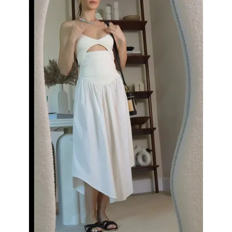 Women's Summer Fashion Sleeveless V-Neck Pleated Midi Dress Backless Opening Design Solid Color Party Suspender Dress