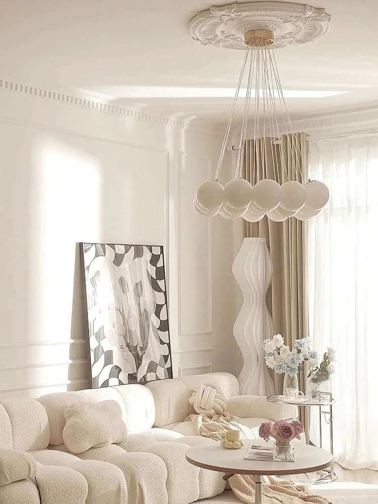 Bubble ball chandelier, living room, bedroom, dining room, French cream wind glass, all copper mesh, red light