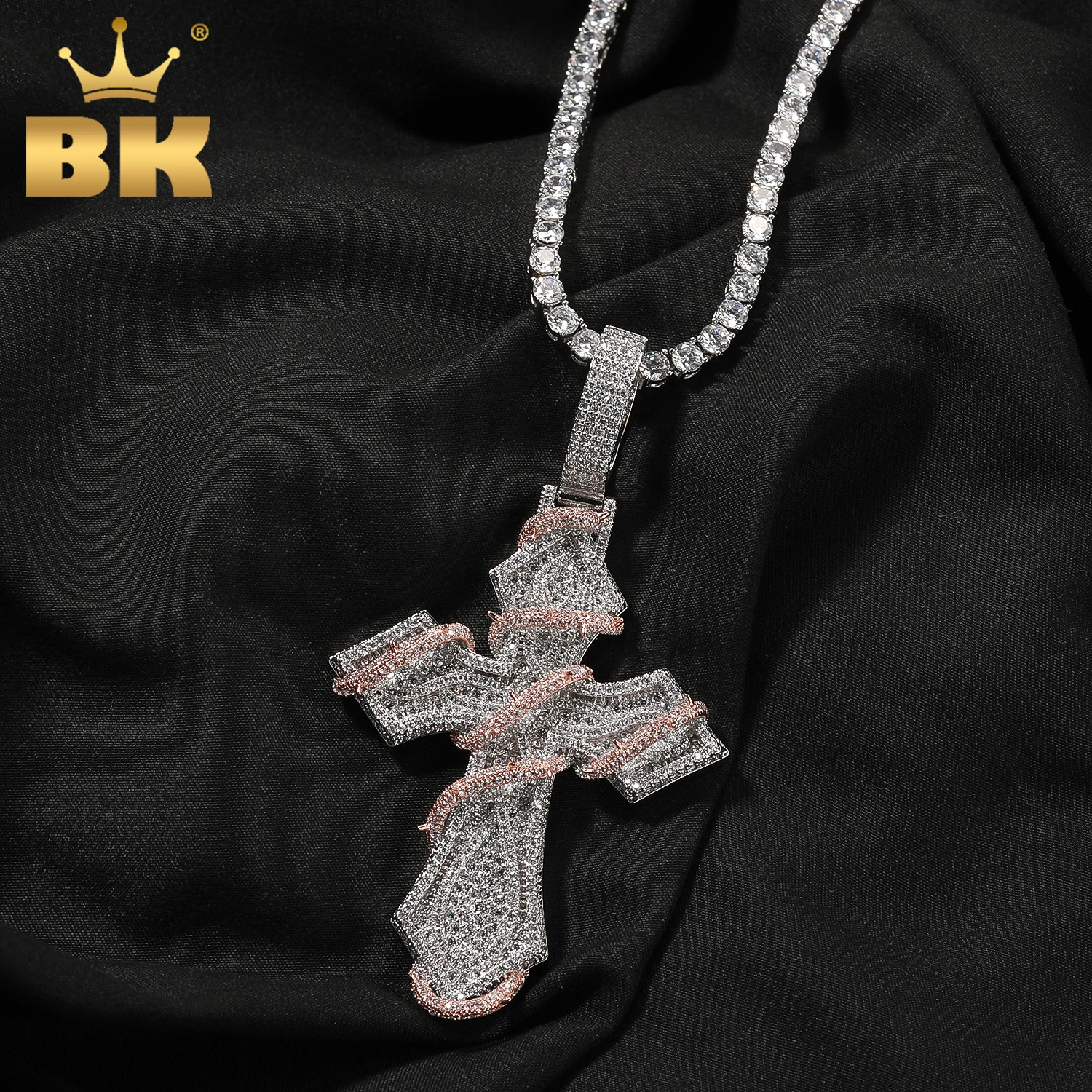 

THE BLING KING Thorn Two-Tone Iced Cross Pendant Necklace Micro Paved Multi Layer Necklace Luxury Hiphop Jewelry For Men Women