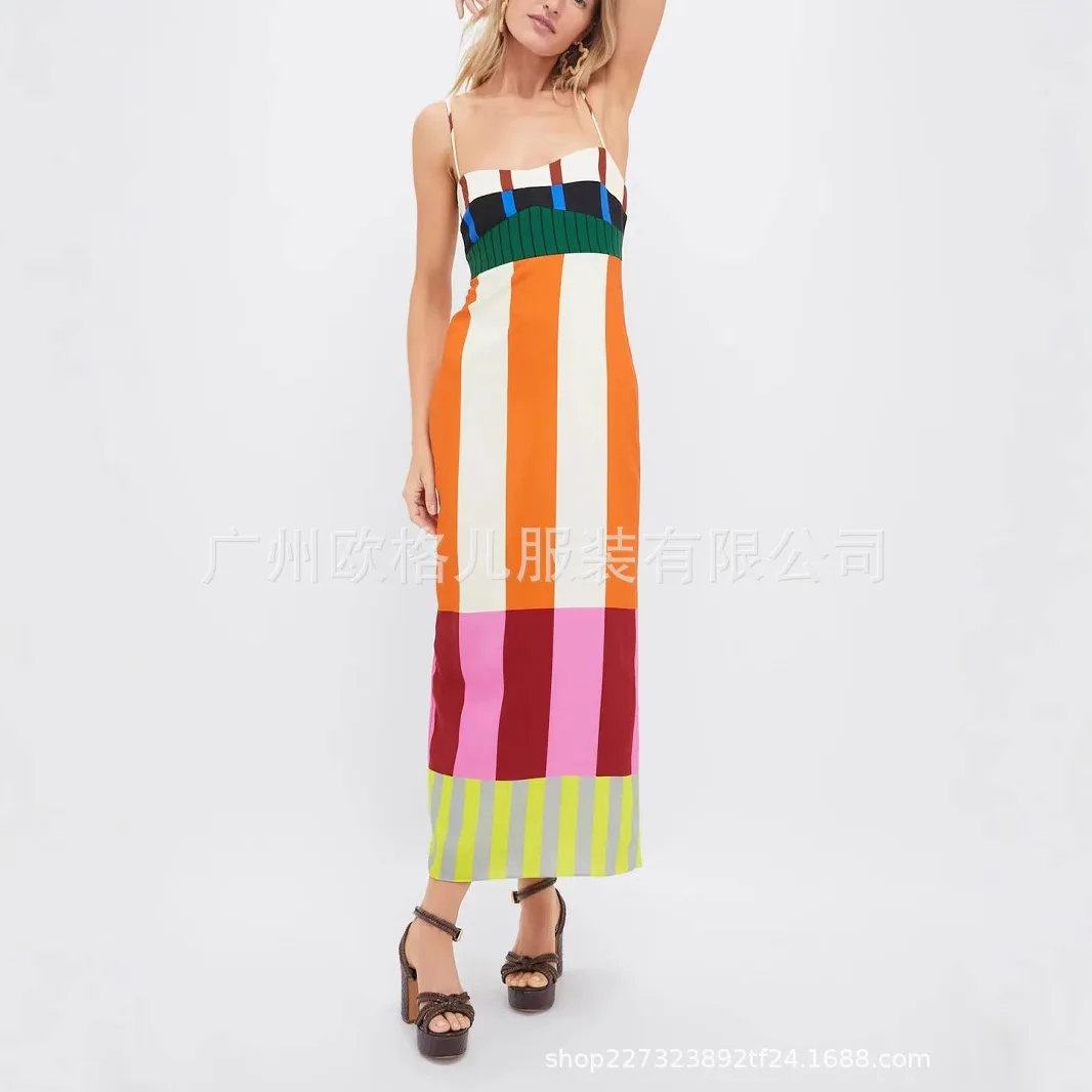 

2025 Summer New Women's Striped Dress Suspender Skirt Europe and America