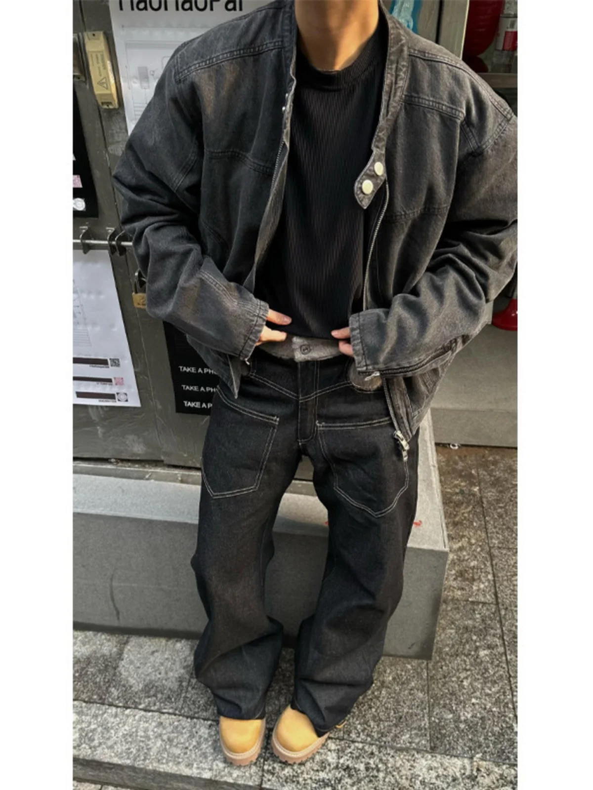 

Retro American ort Denim Jaet Men's Spring Autumn Sle Haome Motorcycle Clothes Trendy Brand Harlington Jaet