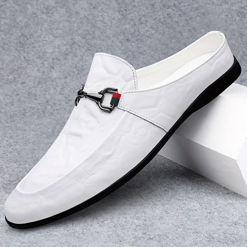 Plus Size 48 Slip On Flats Mules Men Backless Casual Shoes Loafers Slippers Leather Outdoor Half Drag Shoes Design Slides Sandal