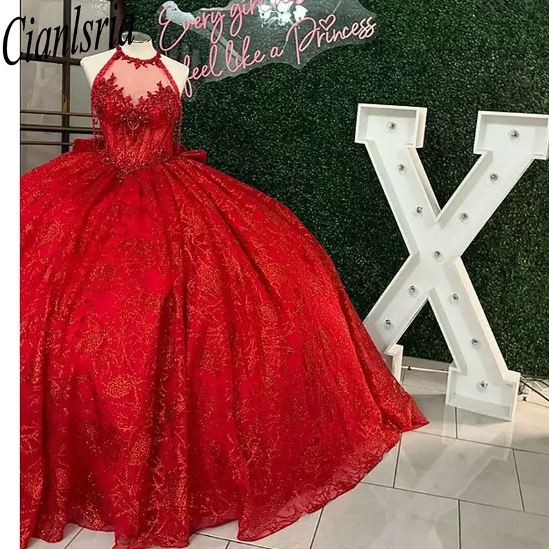 Vermelho halter beading borla quinceanera vestidos de baile sleepveless glitter cristal personalizado espartilho vestidos de xv anos