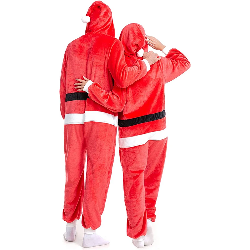 Women Christmas Uniform Red Santa Claus Cosplay Costume Flannel Long Sleeve Hooded Belt Printed Zipper Full-Length Jumpsuits