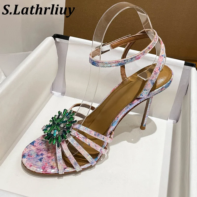 

2025 Summer Genuine Leather Open Toe Sandals Women Bling Bling Crystal Ankle Strap Thin Heel Sandalia Sexy Party Dress Shoes