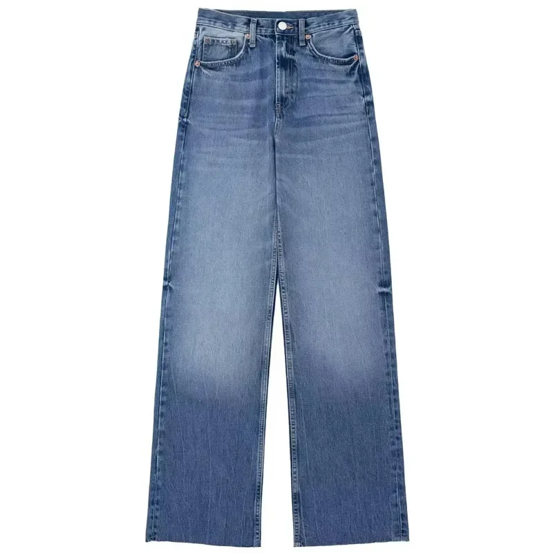 TRAF-Pantalon Baggy pour Femme, Faux Jean, Taille Moyenne, Jambes Larges, Style Coréen, Chic et Élégant, Printemps Été 2024