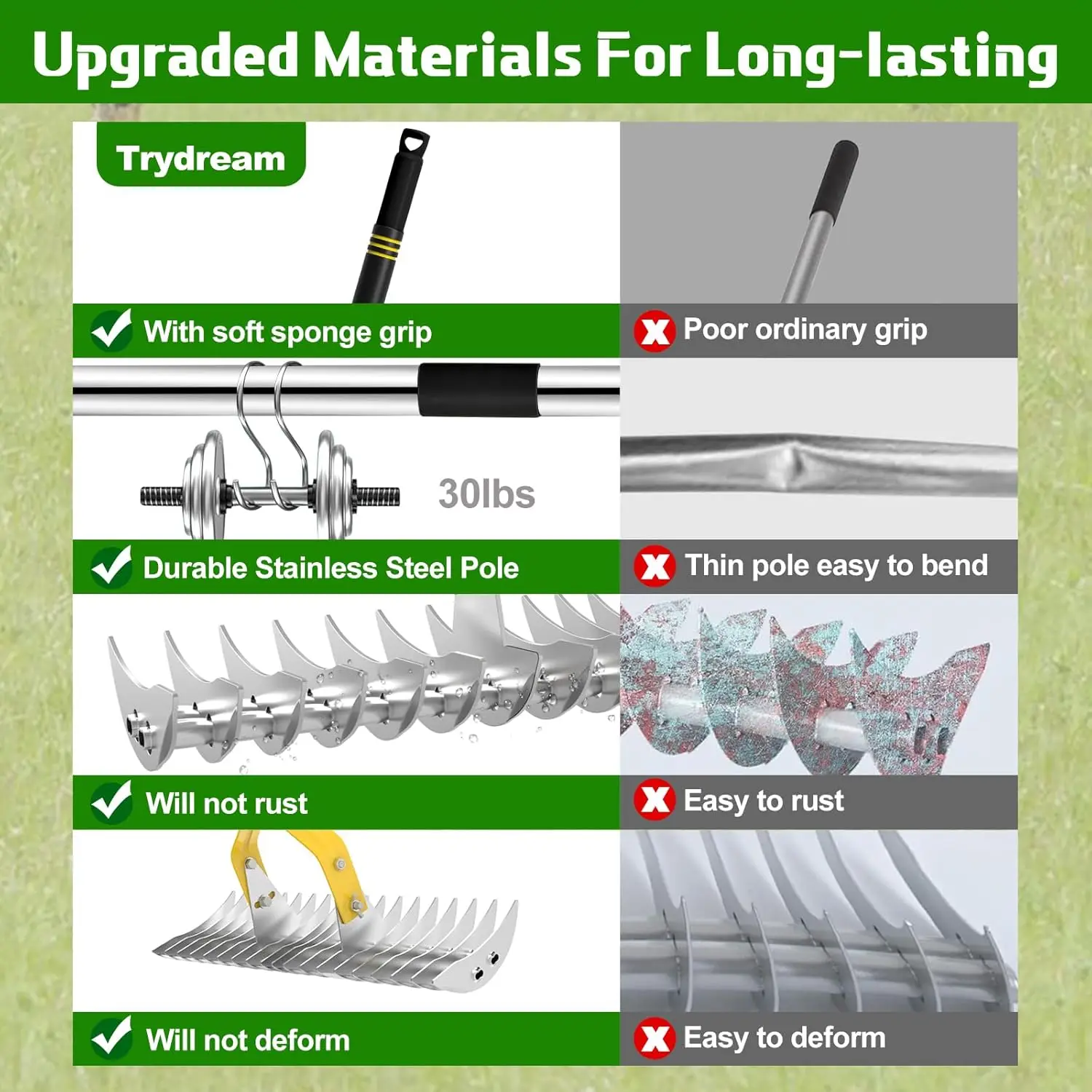 Grass Rake, Used for Cleaning Dead Grass 15inch Wide Lawn Grass Rake with Sponge Handle, High-Efficiency Metal Steel Lawn Weeder, Loose Lawn and Soil Grass Rake