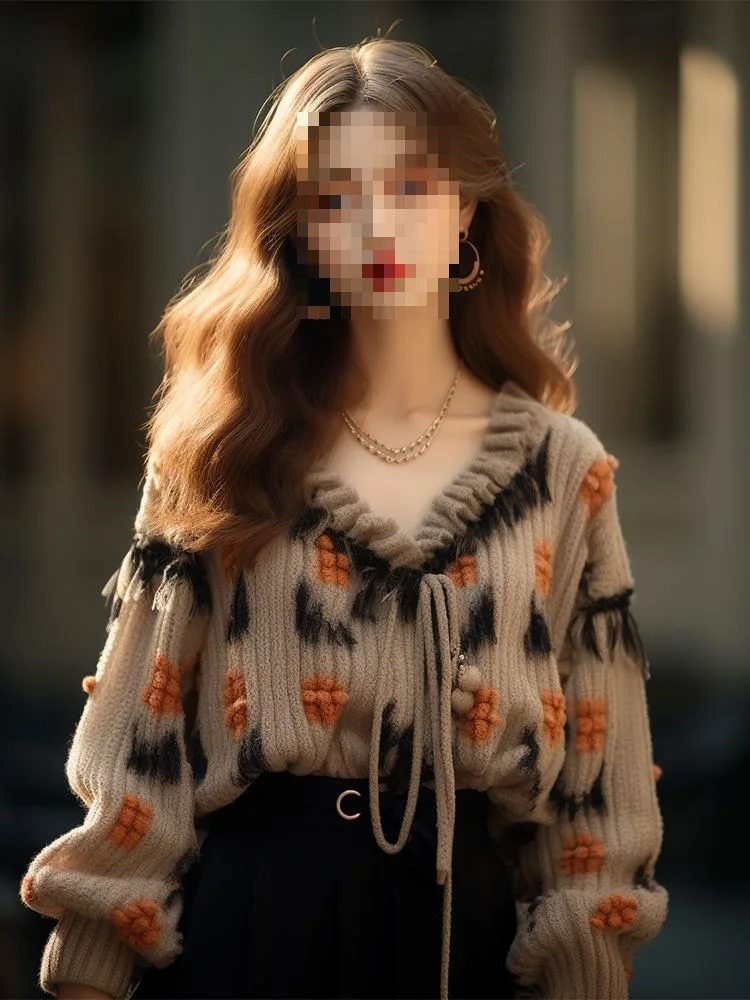 Ladies dopamine autumn feeling wear, small goods, beautiful fashion, gray print floral collar knitted sweater