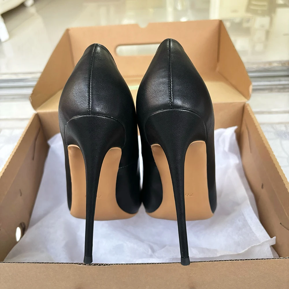Matte Black Sexy 12cm Woman Super High Heels Pointed Toe Shallow Stilettos Pumps OL Work Ladies Slingback Dress Shoes Size46