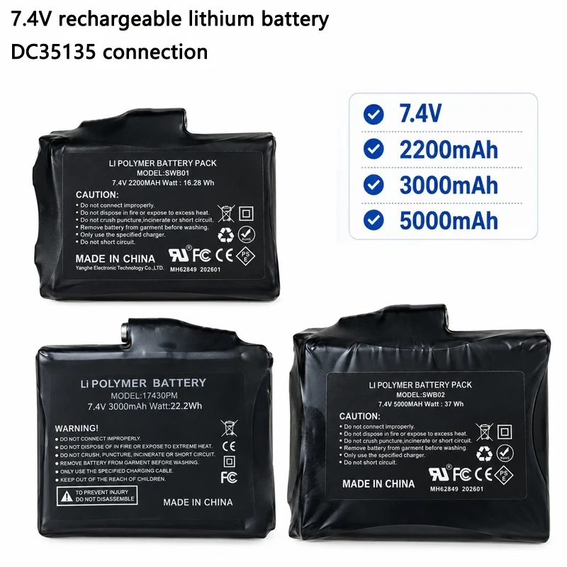 Akumulator litowy 7,4 V, ładowalny, o pojemności 2200 mAh, 3000 mAh, 5000 mAh, do rękawic, kamizelek, skarpet i wkładek do butów z funkcją podgrzewania, idealny do użytku na zewnątrz w zimie.