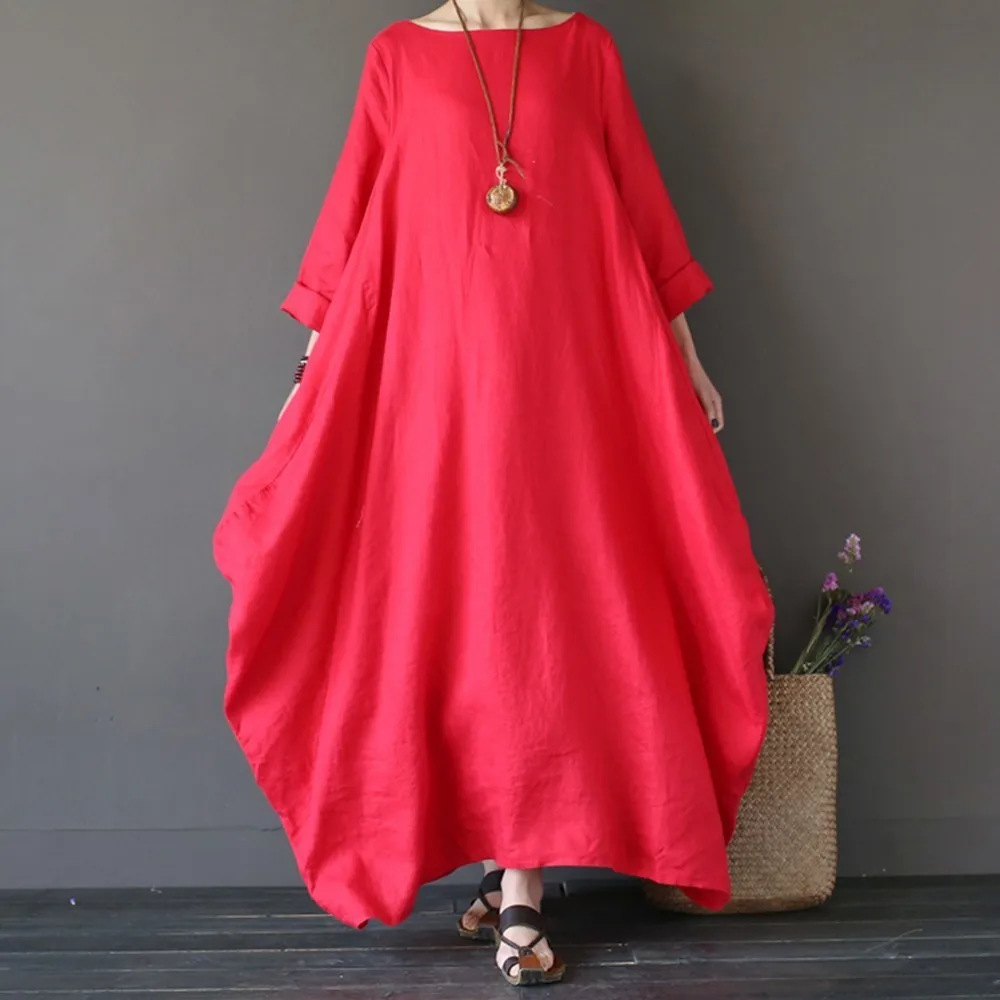 Korean Fashion Female Cotton Linen Robe Long Dresses Women Elegant Long Sleeve O Neck Maxi Kaftan Dress Casual Vintage Vestidos