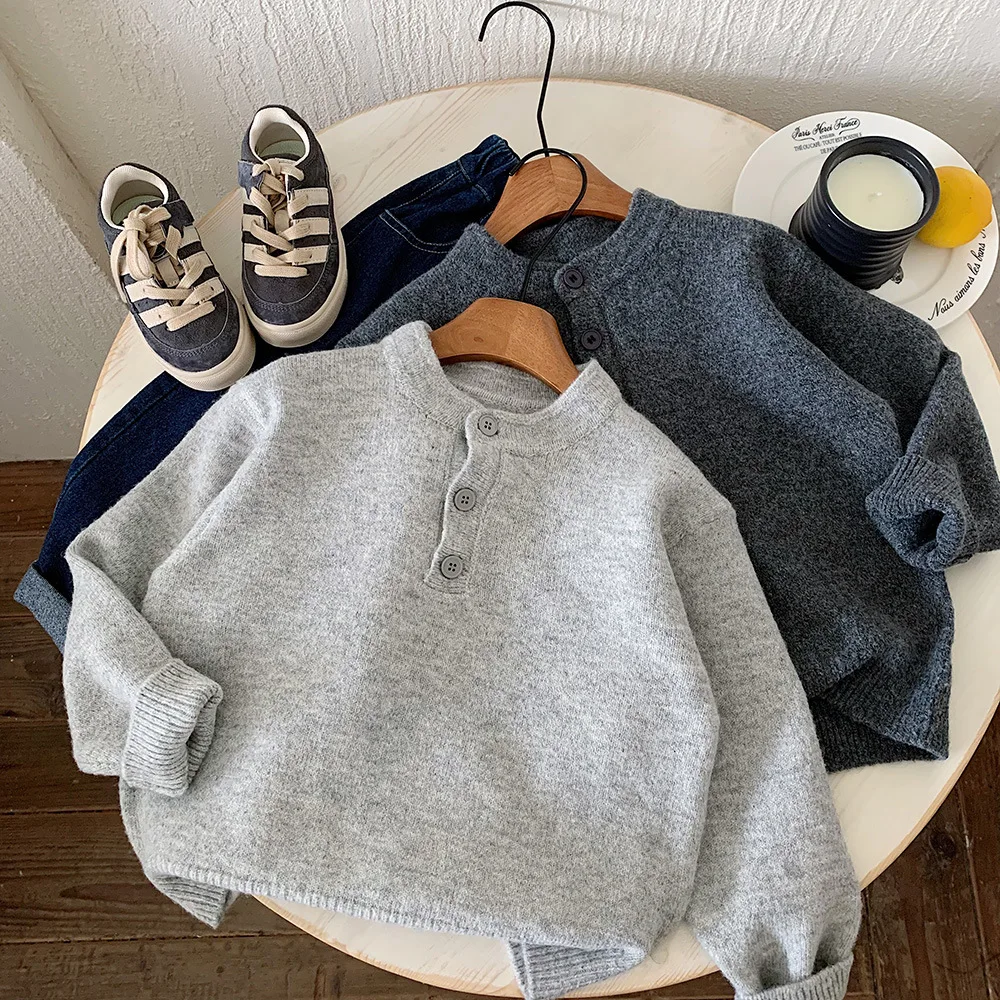 

Свитера для мальчиков, осенне-зимний однотонный пуловер с длинными рукавами и пуговицами, вязаный свитер в корейском стиле, свободный повседневный трикотаж