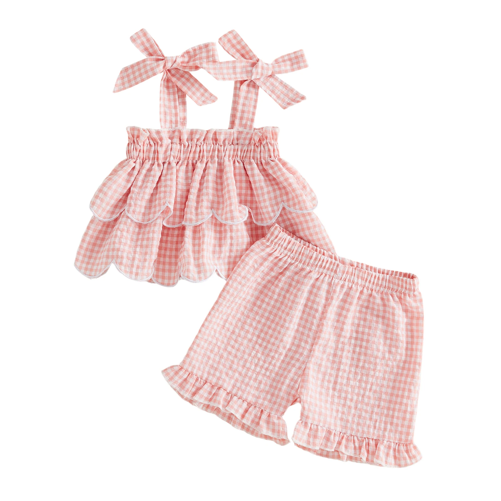 

2Pcs Toddler Girls Summer Outfits Sleeveless Square Neck Plaid Print Layered Ruffle Hem Vest and Elastic Waist Shorts
