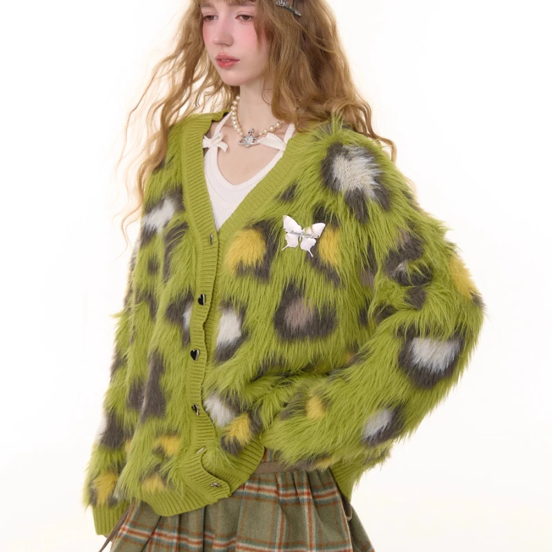 Jesienno-zimowy sweter damski w delikatny wzór panterki, luźny, uniwersalny kardigan z dekoltem w serek w stylu amerykańskim retro, ciepły.