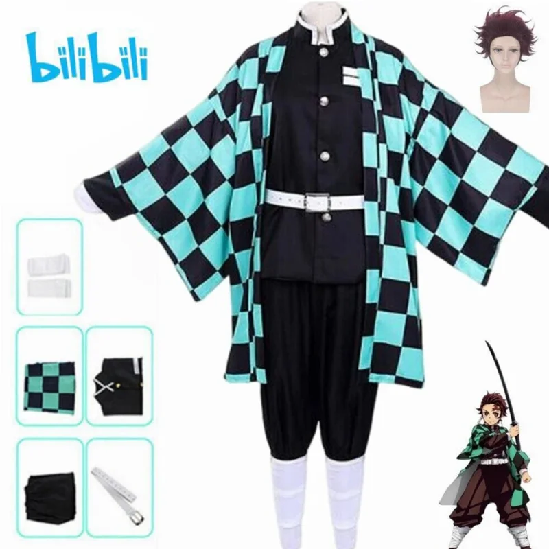 

Bilibili Anime Demon Slayer Kimetsu no Yaiba Kamado Tanjiro Kimono Cosplay Costume Uniform Wig Halloween Carnival Outfit Suit