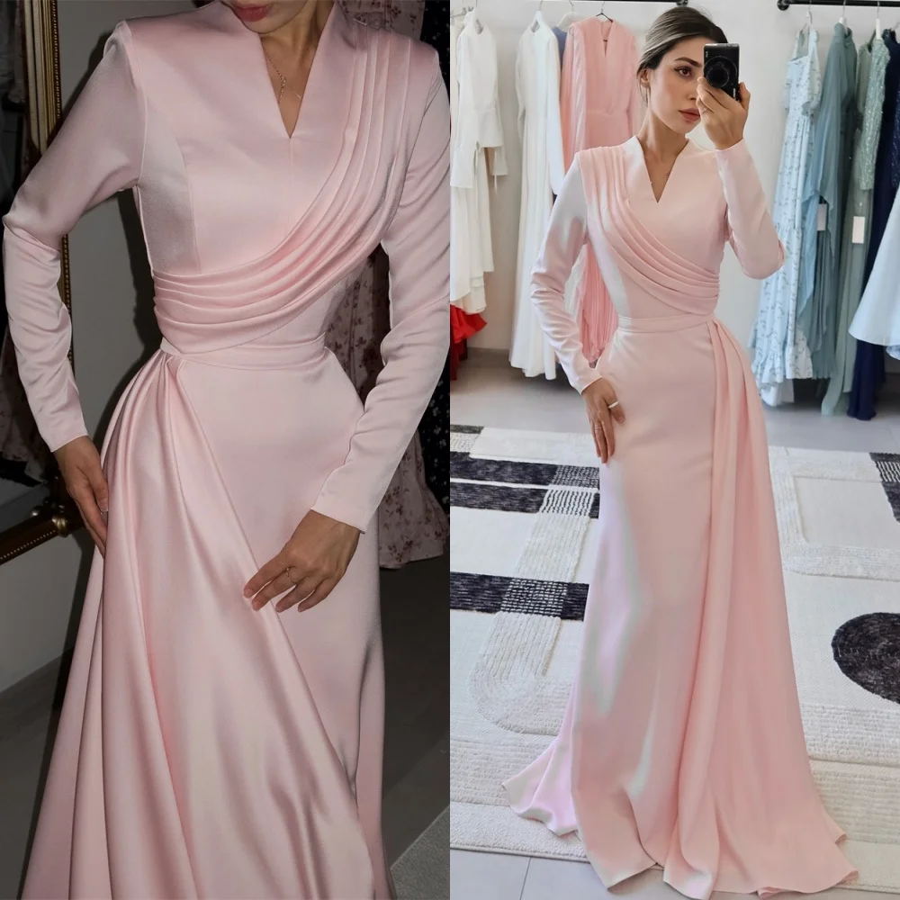 

Customized Simple Pink Jersey Party Dresses Elegant V-Neck Long Sleeves Evening Gowns Luxury Sweep Train Vestido De Festa