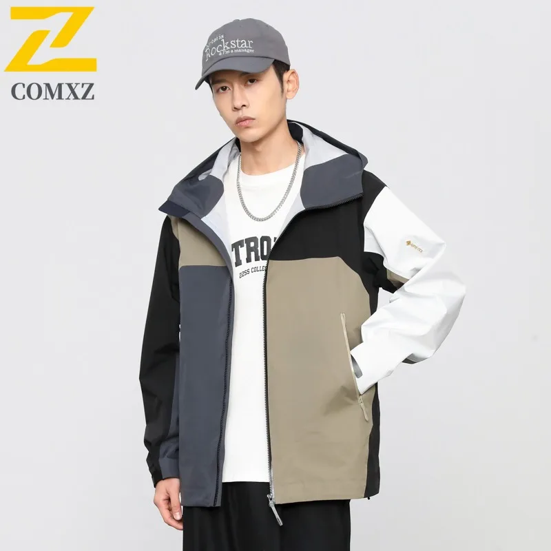 

COMXZ Men Jacket Classic Splicing Hooded Outdoor Camping Lightweight Coat Adventure Windproof Breathable Spring Autumn Garment
