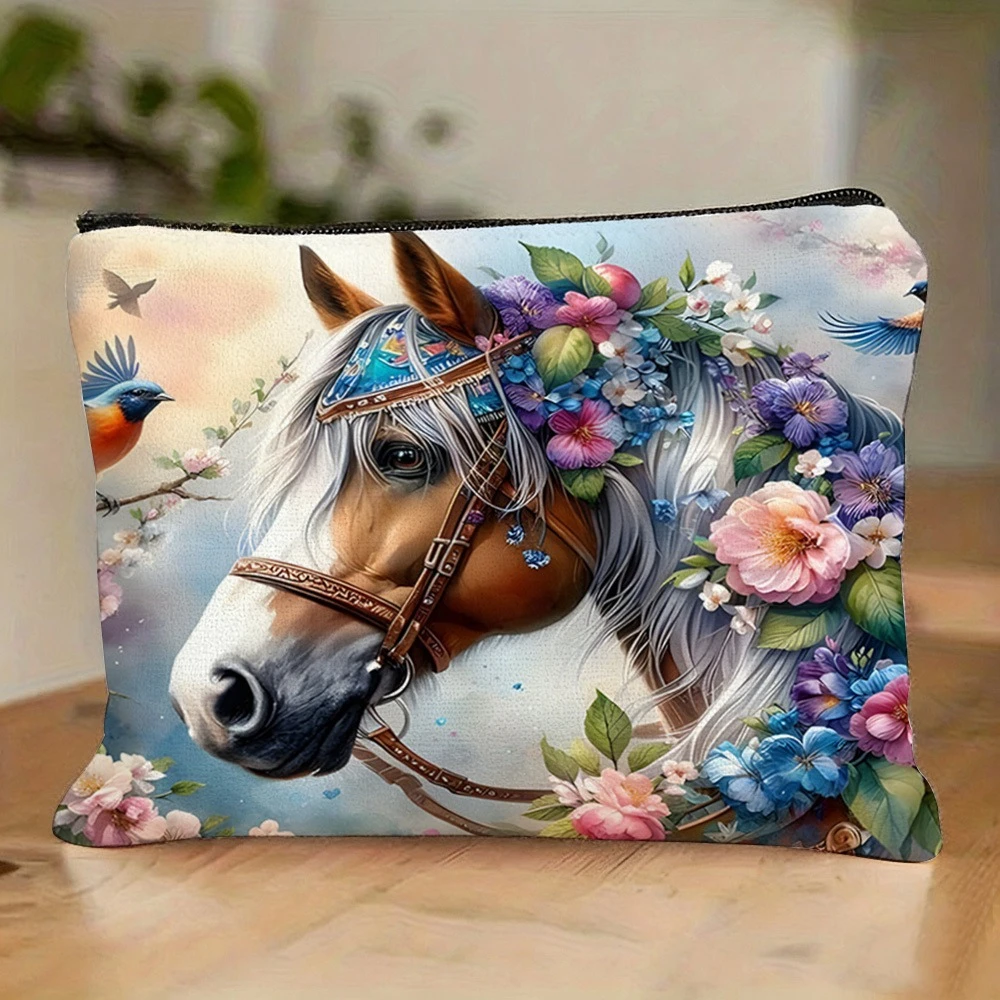 1pc Floral Galloping Horse Double-sided Printed Makeup Bag, Featuring A Design of Galloping Horses, Flowers, and Flying Birds