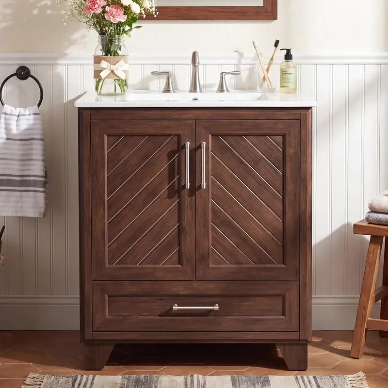 30 Inch Bathroom Vanity with Sink Water Resistant Door Walnut