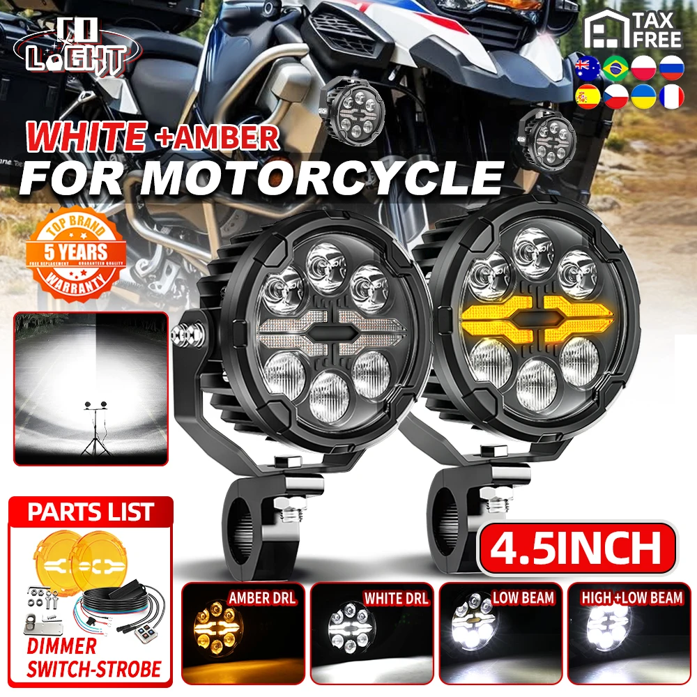 CO LIGHT Offroad-Nutzung 4,5 Zoll dimmbare Motorrad-LED-Zusatzleuchten, mehrere Modi, einstellbare Stroboskop-Blitzlampe, weiß-bernsteinfarbenes Halo-DRL, Fern- und Abblendlicht-Scheinwerfer für
