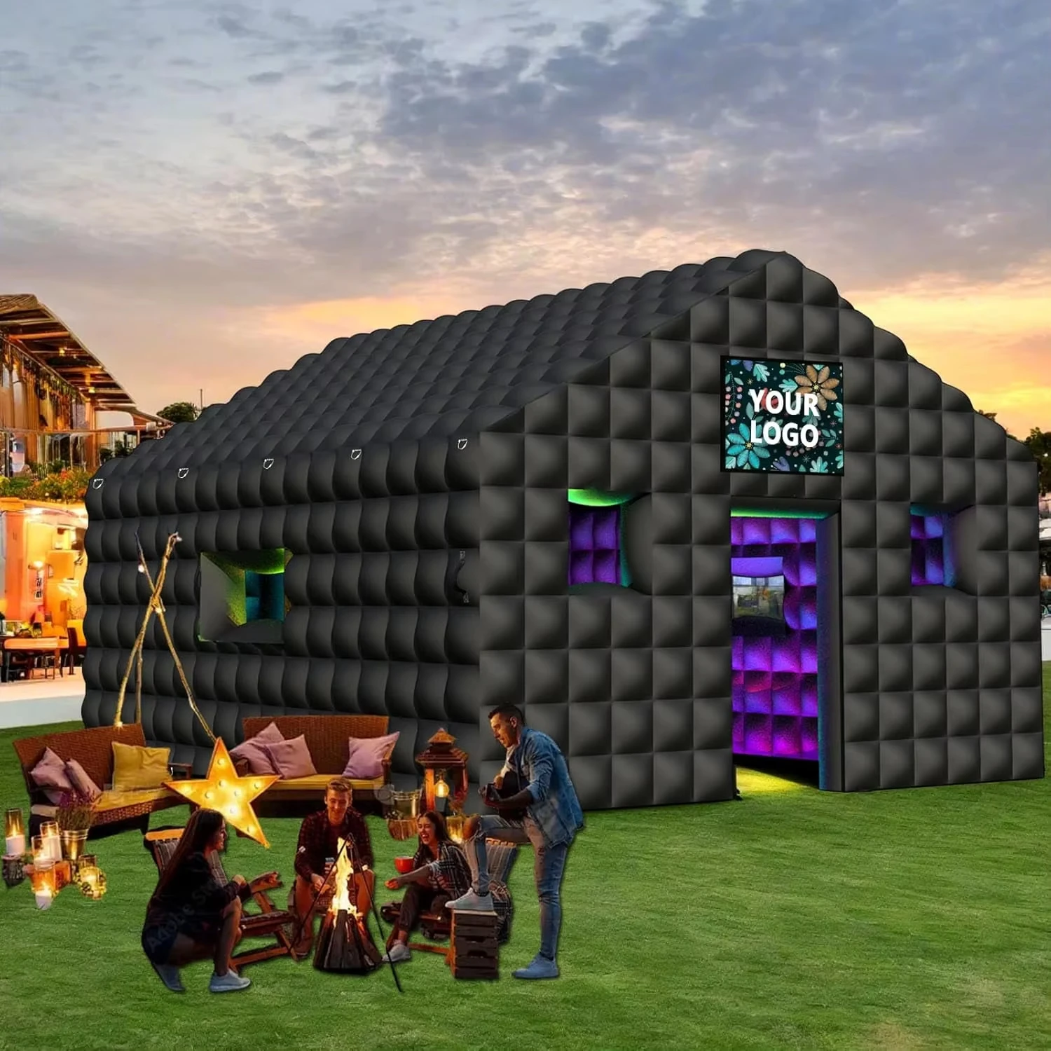 

20ft Inflatable Nightclub Tent with 2 Doors and Logo Area Large Black Inflatable Party Club Tent for Birthday Backyard Wedding