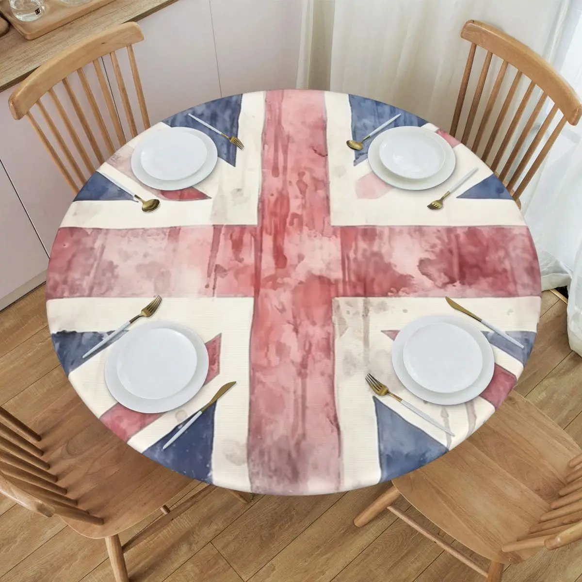 Watercolor Union Jack British Flag Print Waterproof Round Tablecloth Oilproof Table Cloth for Kitchen Events Dining Table Cover