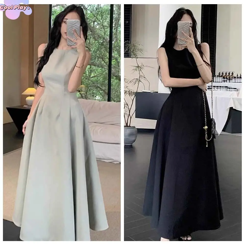 

U Neck Sleeveless Long Dress Sleeveless Vest Temperament Solid Color Long Skirt Elegant A-line Women Korean Dress Spring Autumn