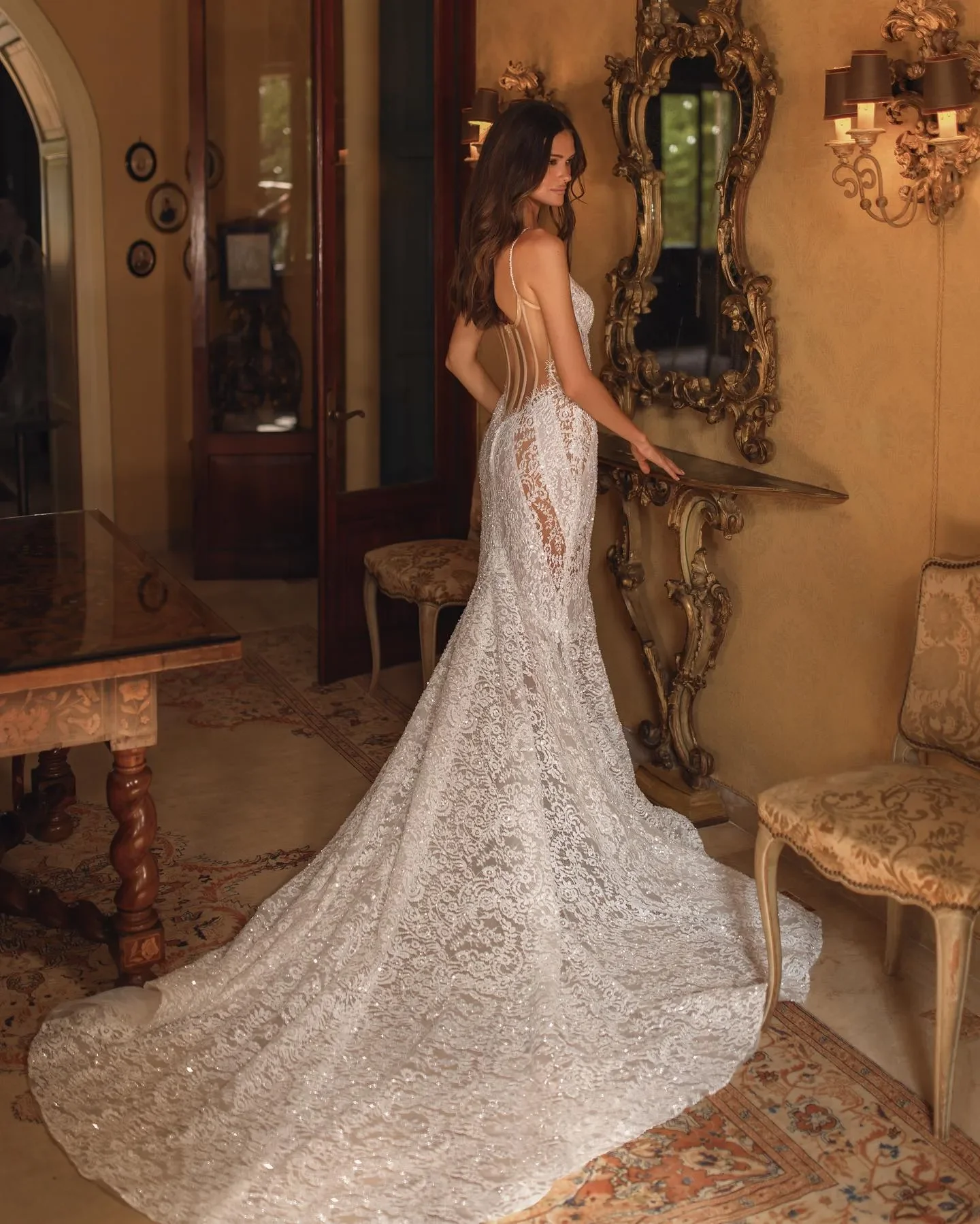 Vestido de novia para novia, lentejuelas espaguetis, vestidos de novia Fulllace, vestidos de novia, ilusión de tren de barrido, sin espalda, personalizado