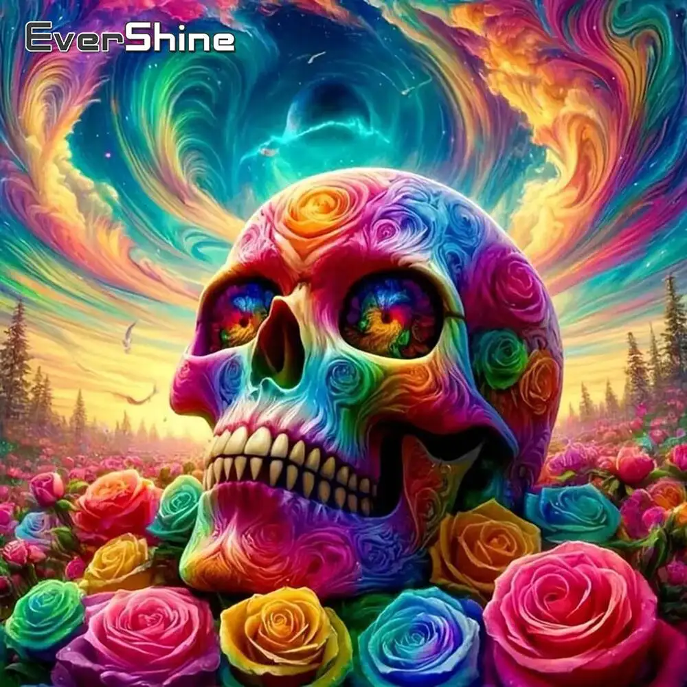 Evershine Totenkopf-Diamantgemälde, Skelettporträt, geeignet für Anfänger, Terror-Diamant-Mosaik, Blume, buntes handgefertigtes Geschenk