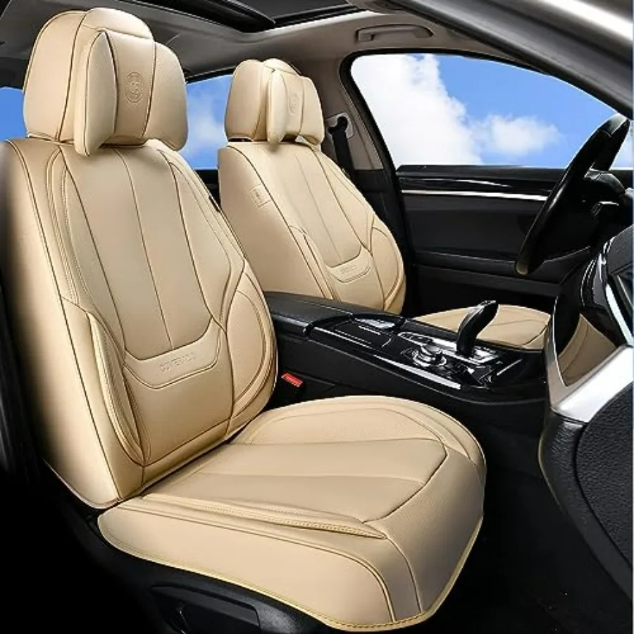 

Universal Seat Covers Full Set 5 Seats Waterproof NAPPA Leather Car Seat Covers with Head Pillow Bge for Most Sedans SUV Pick-u