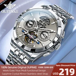 OUPINKE Automatic Watch Skeleton Stainless steel Wristwatch Calendar Week Multifunctional Waterproof Sapphire Mirror Men's Watch