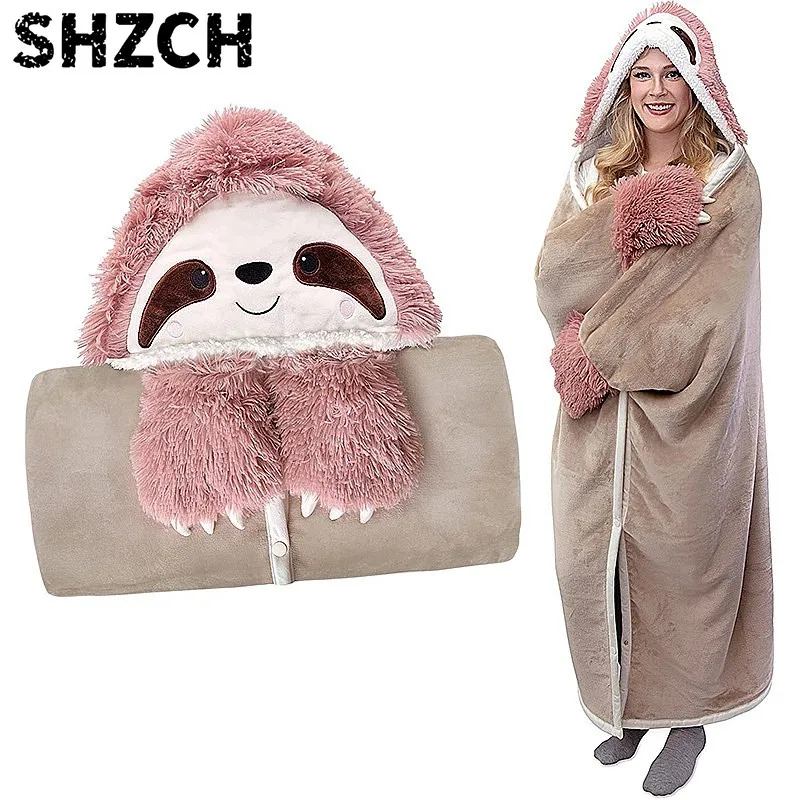 Wearable Cartoon Hooded Blanket with Gloves Lamb Velvet Warm Sleeping Bag Pajama Throw