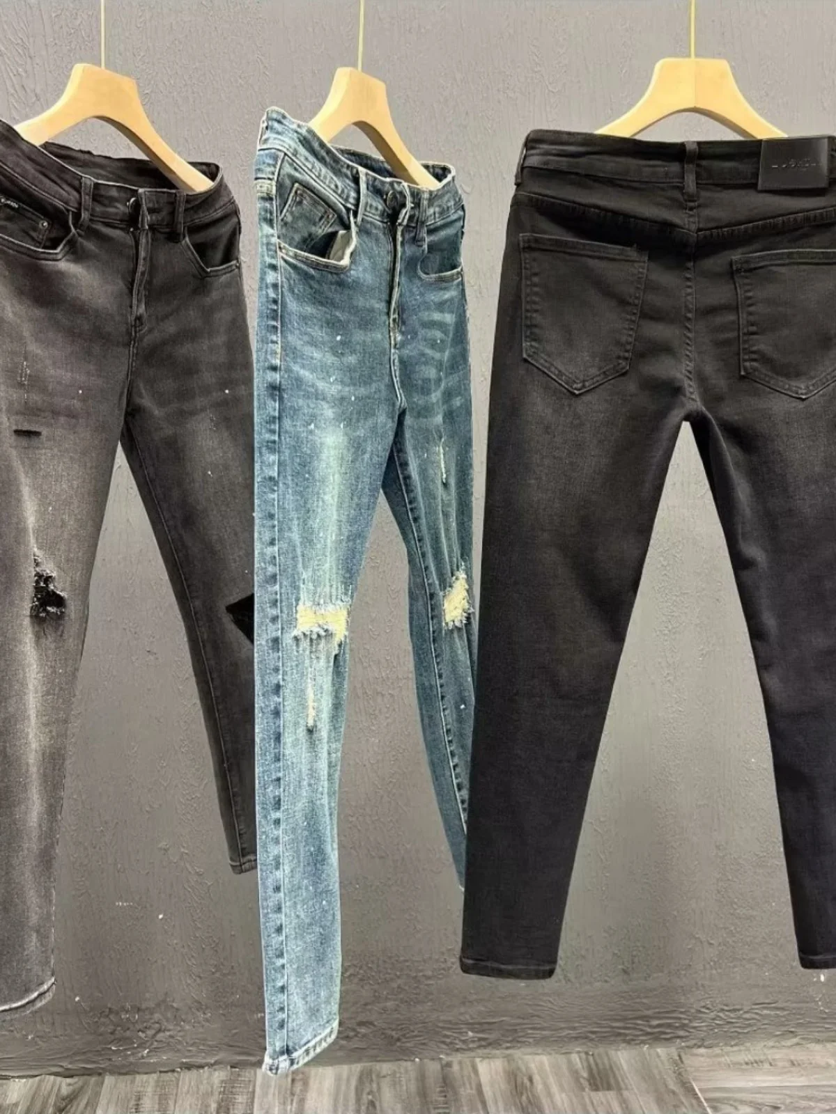 봄 가을 트렌디 남성 워싱 엘라스틱 데님 진 슬림 한국 스타일 나인 포인트 홀 스몰 풋 팬츠 남성 슬림 롱 팬츠