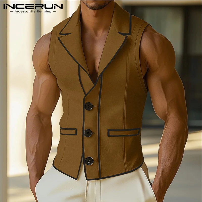 INCERUN Men Vests Patchwork Lapel Sleeveless Button Casual Male Waistcoats Color-block Streetwear 2025 Fashion Vests Men S-5XL
