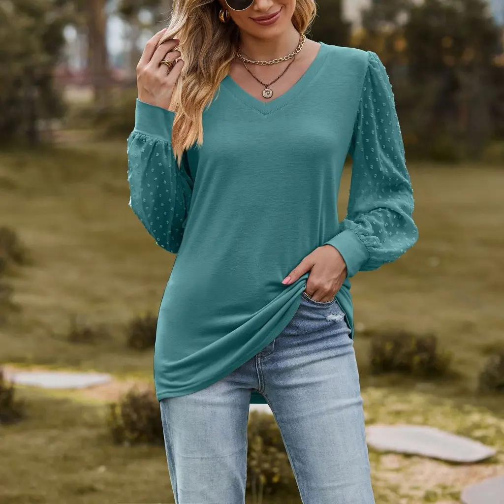 

Women's Long-Sleeved T-shirt Autumn European And American Style Solid Color V-Neck Simple Mesh Bubble Top for Ladies