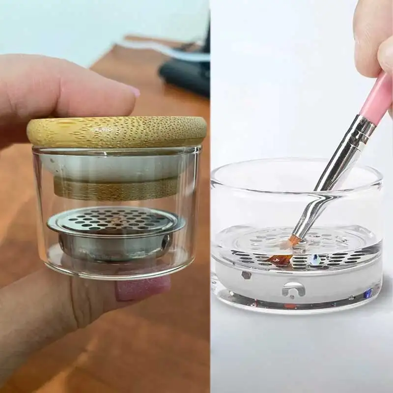 

Nail Brushes Washing Cup Crystal Glass Nail Acrylic Brush Cleaner Dappen Dish with Lid Stainless Steel Mesh Filter Cup Nail Tool
