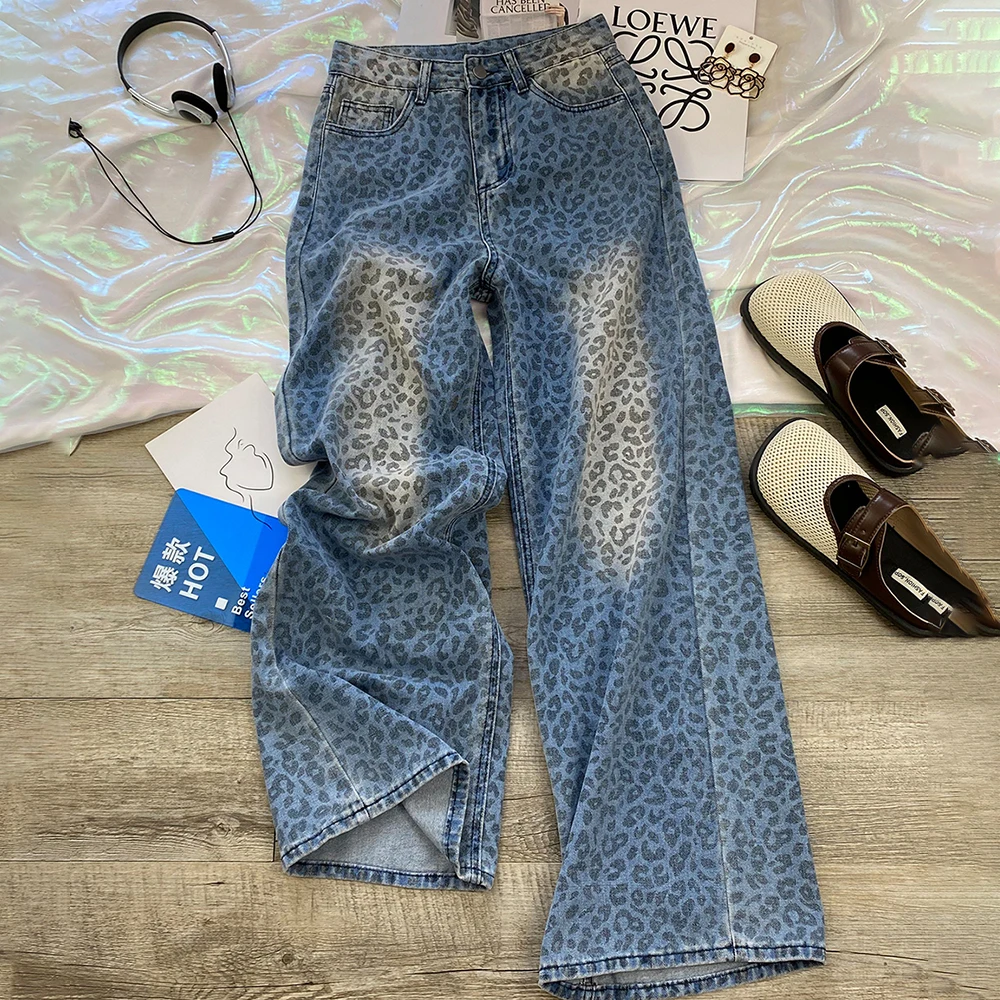 

Trendy Leopard Print Wide Leg Jeans for Women 2025 New Autumn High Waist Straight Loose Denim Pants Female Streetwear Trousers
