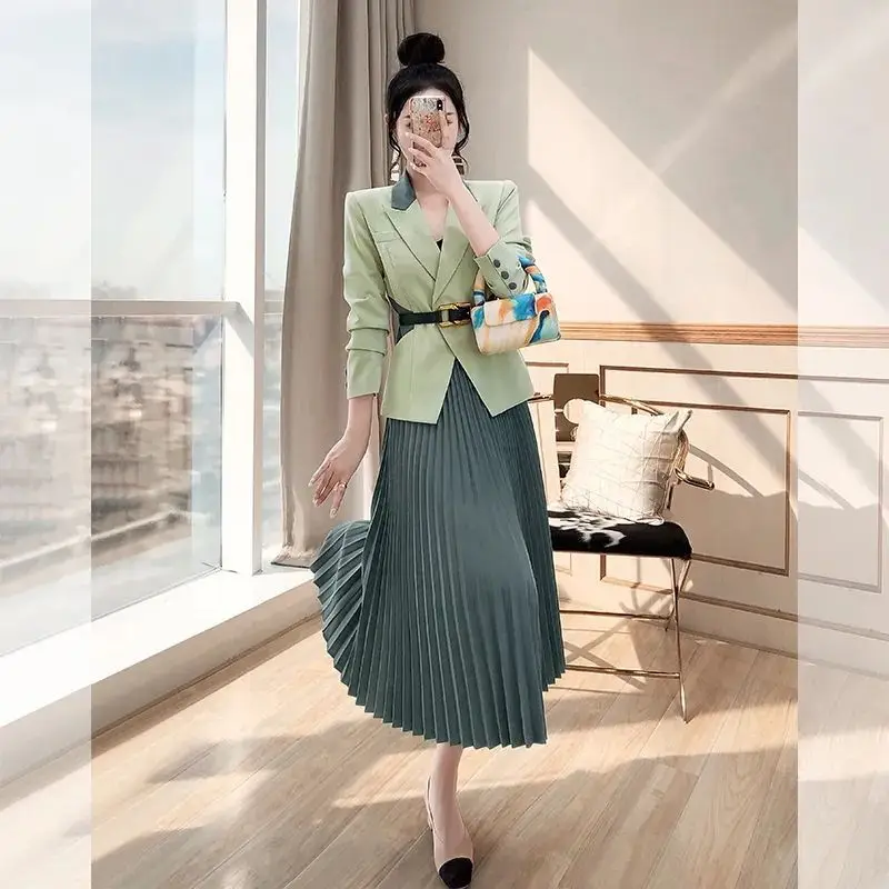 Spring Summer New Elegant Fashion Women\'s Clothing Long Sleeve Korean Style Female Clothes Occupation Solid Casual Dresses Suit