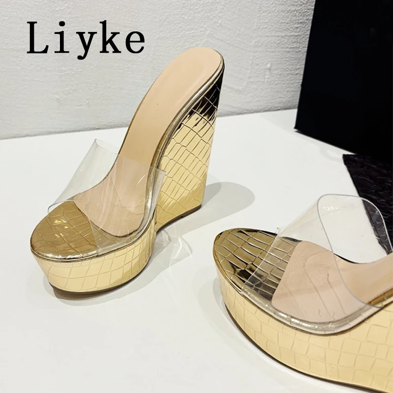 Liyke Women Sexy Super High Wedges Slippers Platform Sandals Fashion Open Toe Gold Heels PVC Transparent Shoes Zapatos Mujer