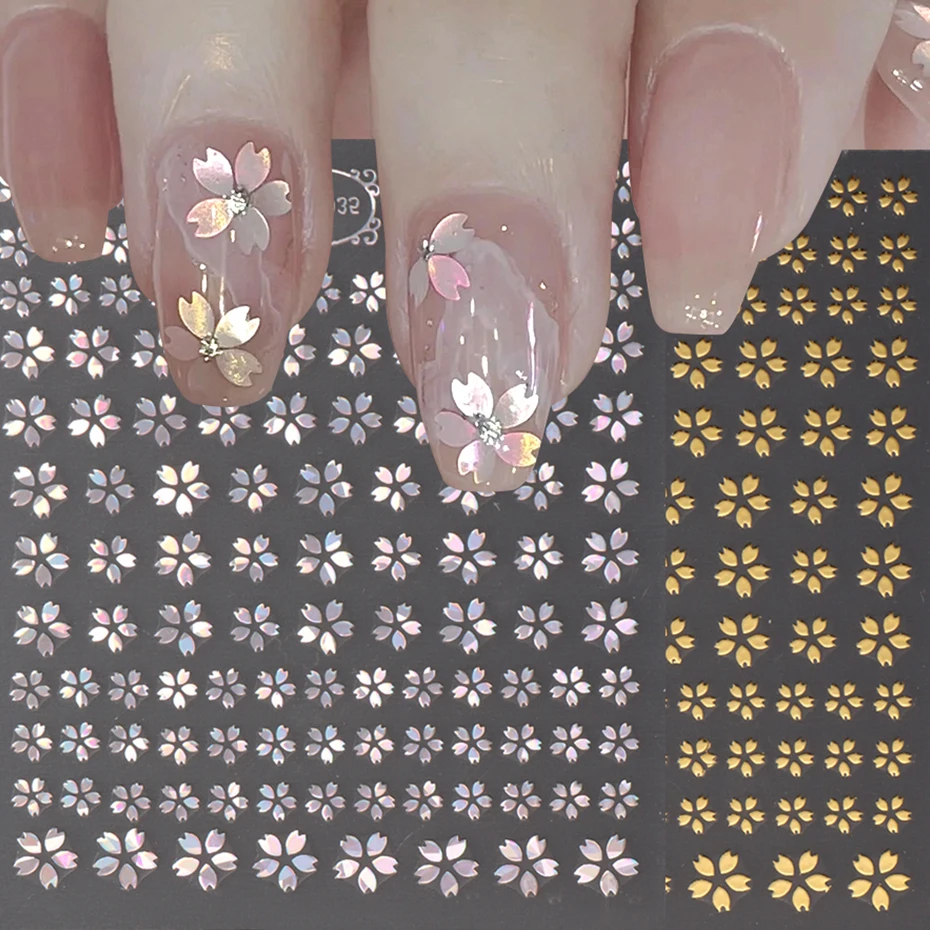 2pcs Laser Sakura Flower 3D Nail Sticker Holographic Foils Decals Snake Star Heart Adhesive Sliders Cherry Blossom Manicure