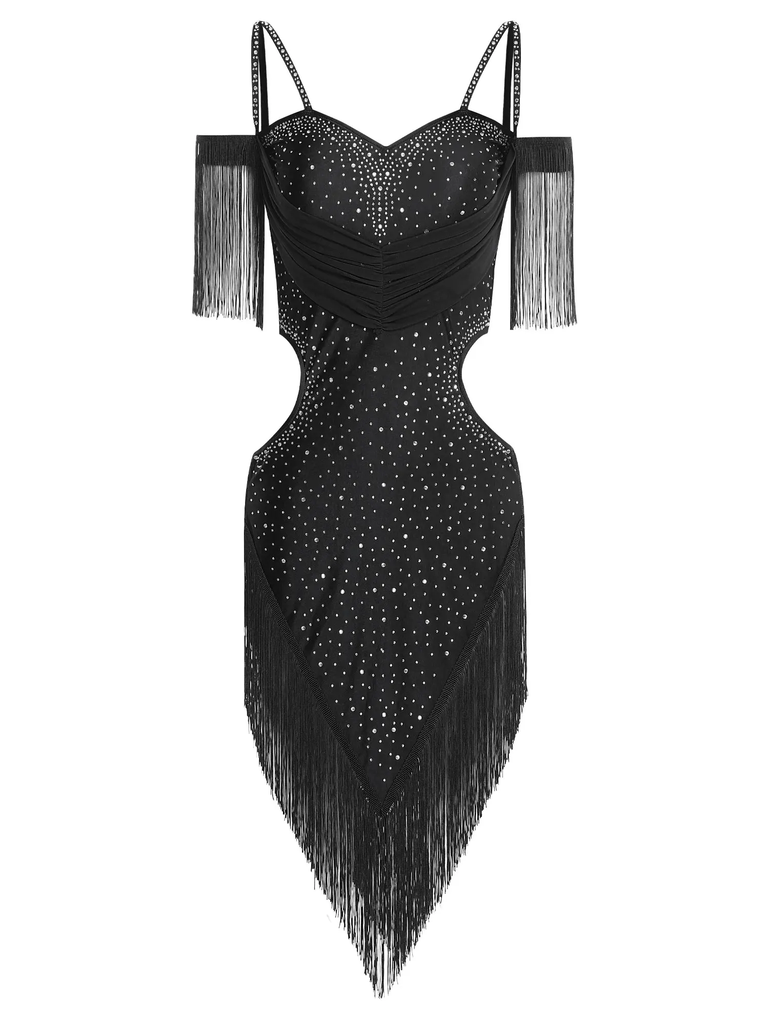 Abito da ballo latino da donna Cha-Cha Samba Tango Costume da spettacolo per sala da ballo Senza maniche Strass lucidi Ritaglio Frangia Dancewear