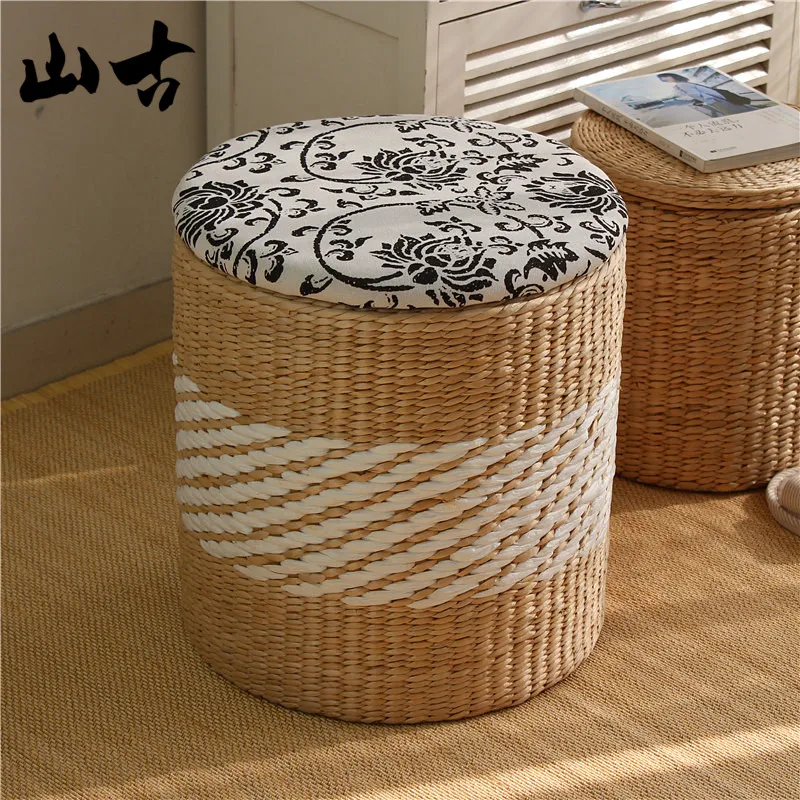 Multifunctional Home Shoe Bench Grass Woven Entryway Storage Stool Sitting Storage Box Wood Grain
