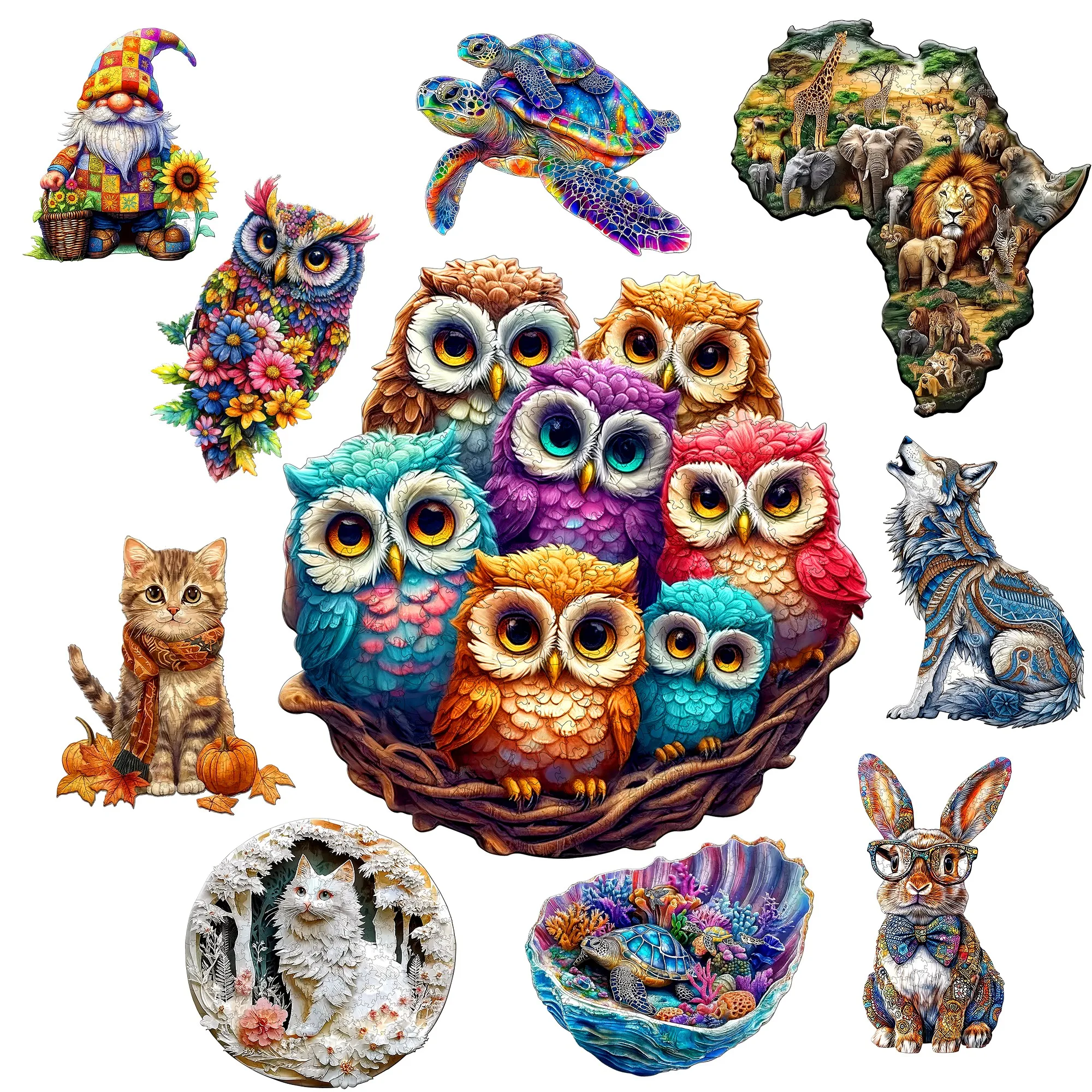 Cute Owls and Animals Theme Wooden Jigsaw Puzzle Wooden Decor Painting Christmas and Halloween Gift Toy for Teen and Kid