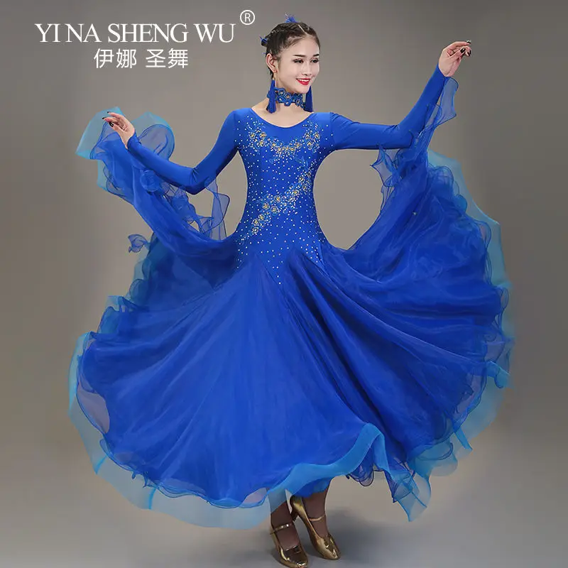 جولة الرقبة الماس التدرج النساء قاعة الرقص المنافسة فستان الفالس فستان رومبا أزياء رقص الكرة ثوب S-XXL